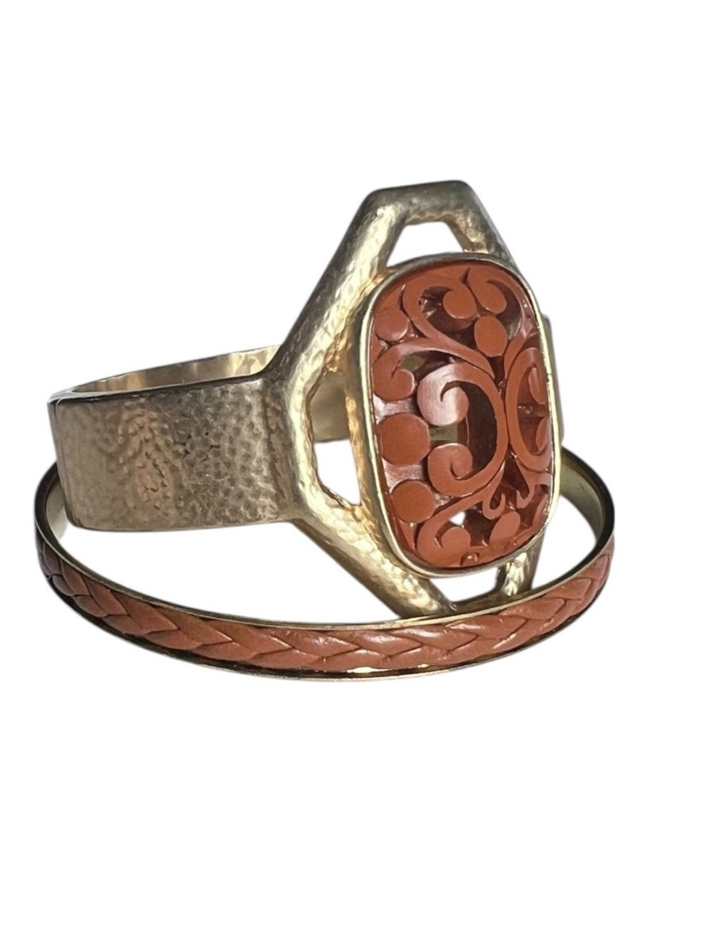 Goldtone & Brown Hinge Bangle Bracelet Set Boho Western
